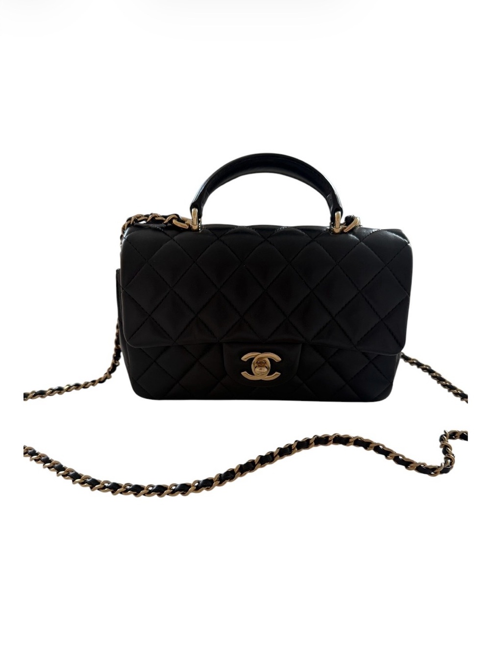 CHANEL Black Quilted Leather Top-Handle Crossbody with Gold-Tone Hardware